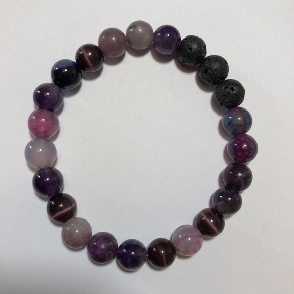 Purple Stretch Beaded Bracelet Set of Amethyst, Agate, Lepidolite, and Lava Rock - Picture 3 of 4